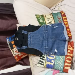 Brand new black sleeveless shirt and blue jean overall bibs, both from Old Navy.